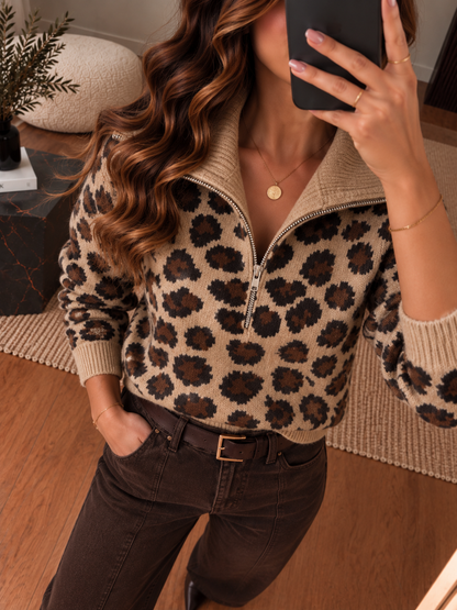 Pull col tirette Leopard Beige