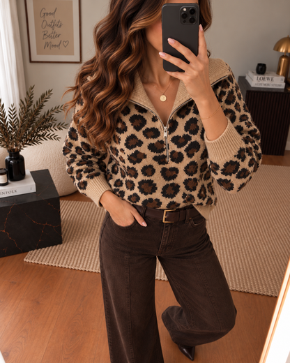 Pull col tirette Leopard Beige