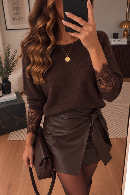 Pull manche dentelle choco