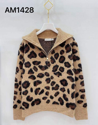 Pull col tirette Leopard Beige